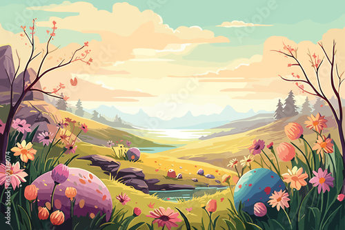 landscape with flowers A Serene Easter Scene with Colorful Eggs and Beautiful vector art 