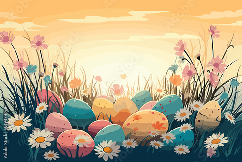 landscape with flowers A Serene Easter Scene with Colorful Eggs and Beautiful vector art 
