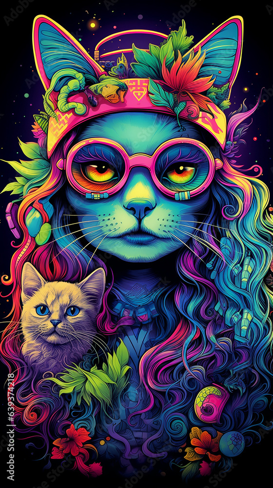 Fototapeta Uv fluorescente reativa feminina gato arte tapeçaria luz preta hippie rock 