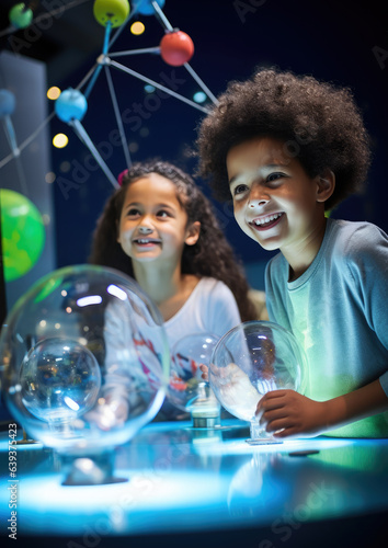 Generative AI, cheerful children watching a physics show in a science museum, entertaining chemical experiments, fun learning, boys and girls in the laboratory, schoolchildren studying the world