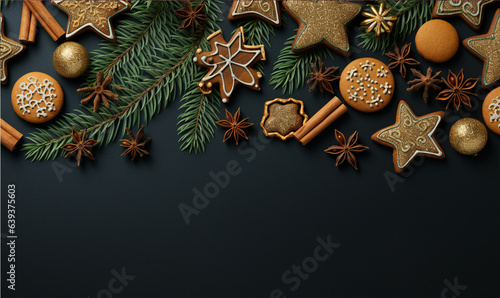 Christmas decorations with space, Cookies and herb on dark background. Flat lay, top view, copy space, Xmas or New Year greeting card template.