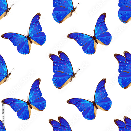 Seamless pattern with blue butterfly. Tropical insect. Neon colors.