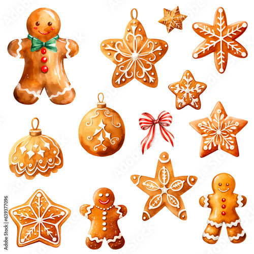 Watercolor of Christmas ginger bread cookies collection isolated on white background. Cut out PNG illustration on transparent background.
