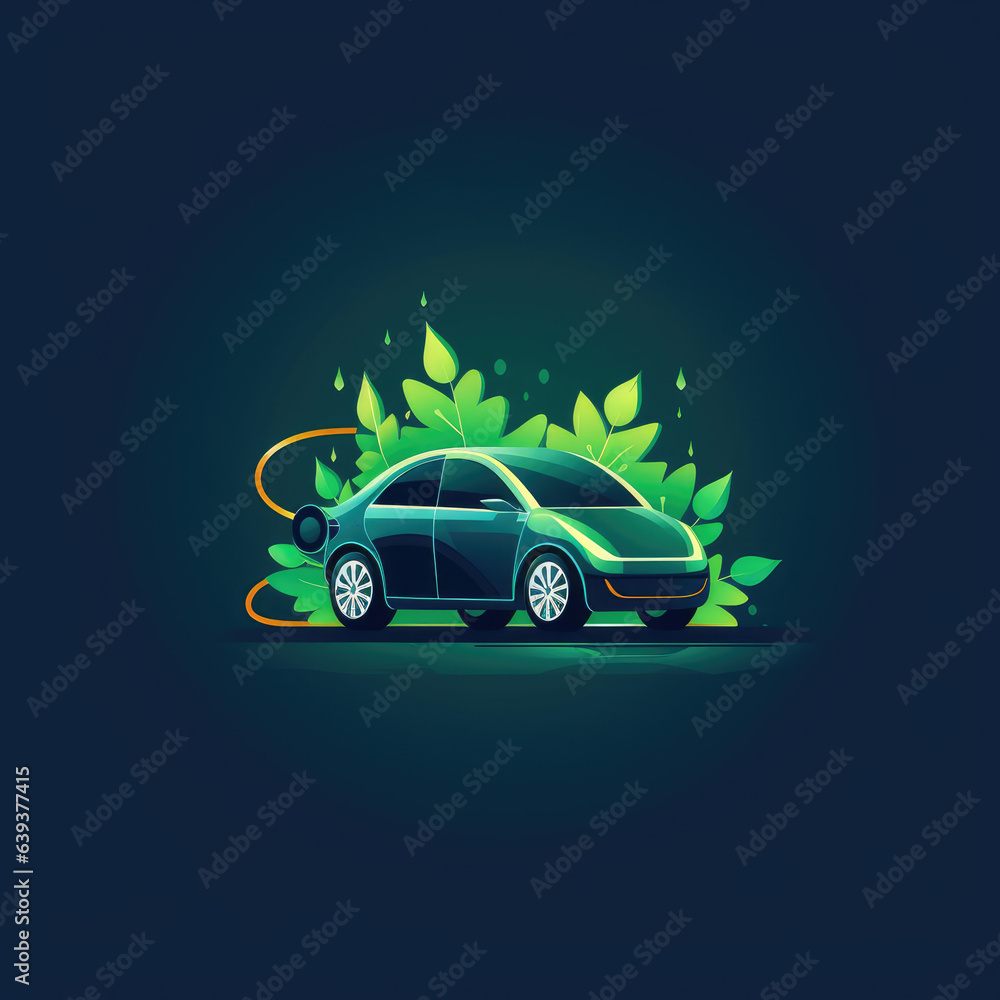 Electric car with E plug green icon symbol, Hybrid vehicles charging point logotype, Eco friendly vehicle concept, Vector illustration