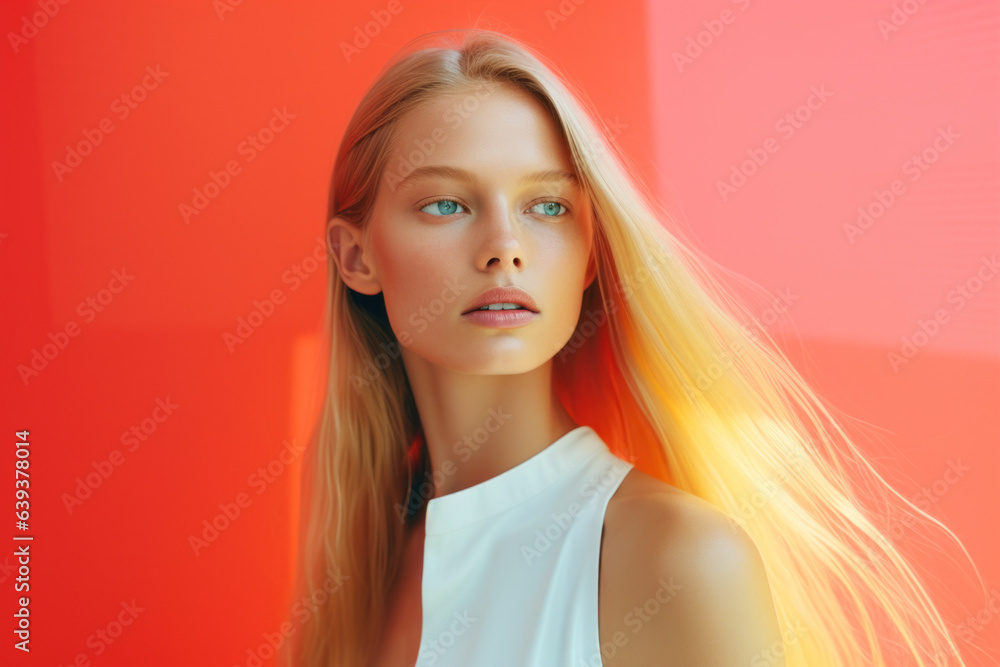 portrait of a woman/model/book character in a close up with long blonde hair in a hair/beauty editorial advertisement magazine style film photography look redhead - generative ai art portrait of a woman/model/book character in a close up with long blonde hair in a hair/beauty editorial advertisement magazine style film photography look redhead - generative ai art