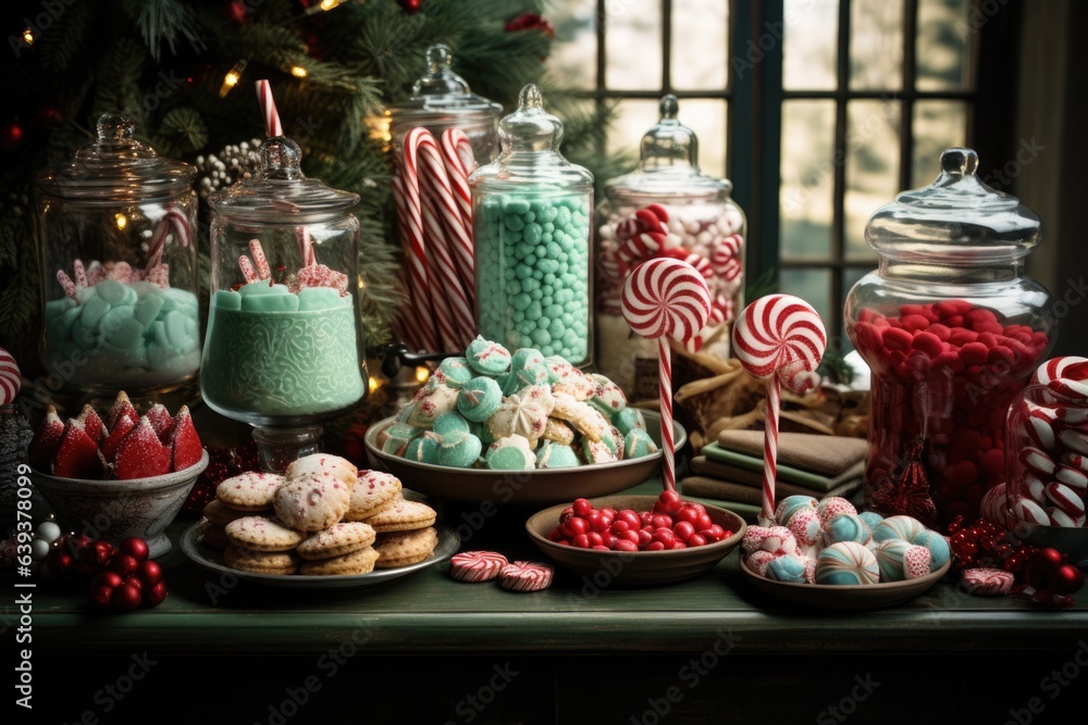 A festive dessert table featuring a variety of holiday-themed treats, from gingerbread cookies to peppermint bark.