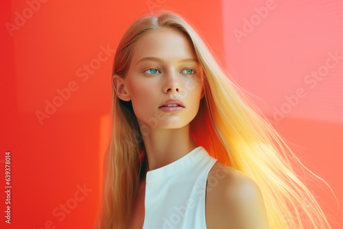 portrait of a woman/model/book character in a close up with long blonde hair in a hair/beauty editorial advertisement magazine style film photography look redhead - generative ai art
