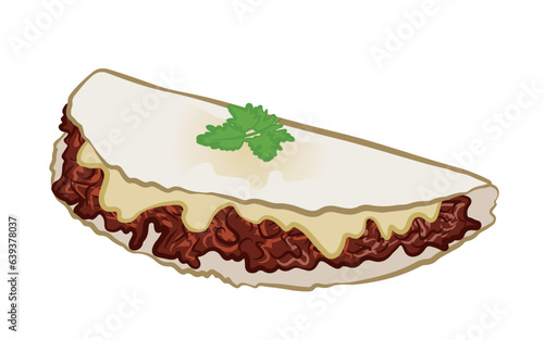  Brazilian food tapioca with dried meat and cheese. Food made from cassava starch with various fillings. Vector illustration isolated on transparent background.