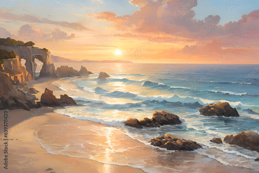 A Golden Sunset Over Serene Sandy Shores with Waves Caressing Weathered Rocks