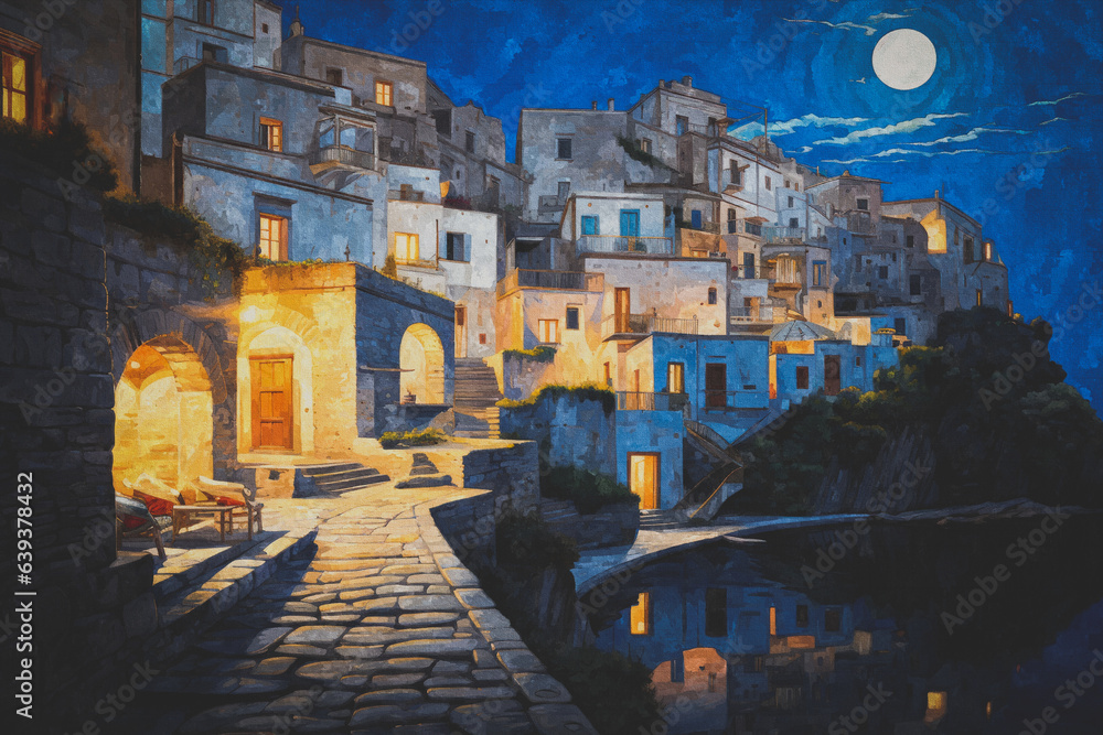 A vibrant generative AI artwork painting portraying a cozy Mediterranean harbor at night, illuminated by warm lights, evoking vacation memories.