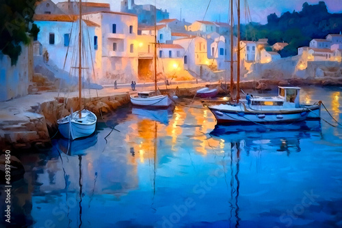 A vibrant generative AI artwork painting portraying a cozy Mediterranean harbor at night  illuminated by warm lights  evoking vacation memories.