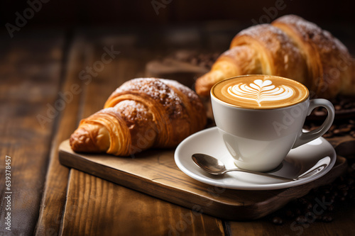 A cup of hot cappuccino and a croissant
