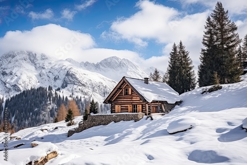  Wooden cottage house under the snow, winter mountain landscape. 
