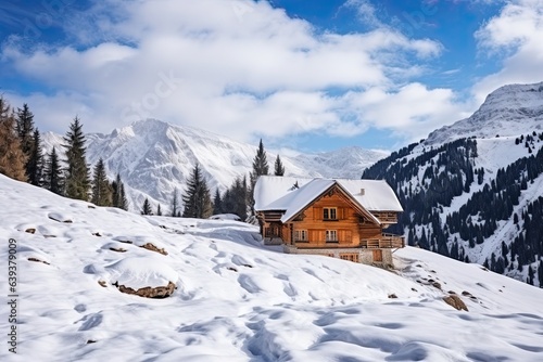  Wooden cottage house under the snow, winter mountain landscape.  © Maria Tatic