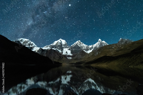 Chasing the Milky Way  and Jupiter reflected in the lake Carhuacocha at the Huyahuash Mountains in Peru. photo
