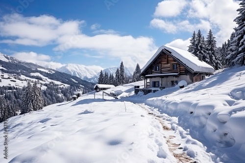  Wooden cottage house under the snow, winter mountain landscape. 