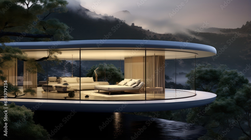 Fototapeta premium Ultra-Modern Futuristic House that Connects a Room to Nature Overlooking a Beautiful View