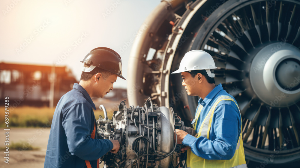 Two Engineer talking at engine airplane constructions site