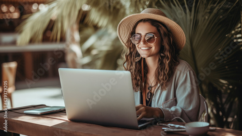 Young woman lifestyle digital nomad working on the laptop hammock at the beach sunset time