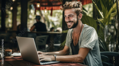 Young lifestyle digital nomad working on the laptop at Laos