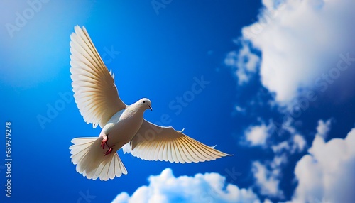 dove in the sky -  A single dove soaring through the sky, clear blue sky with clouds environment - Generative AI