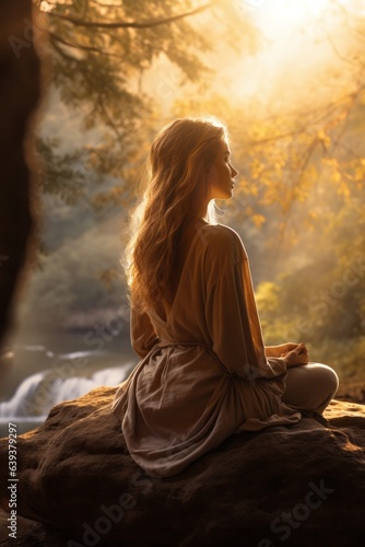 Woman is trying to meditate on a rock in the forest. Sunset light