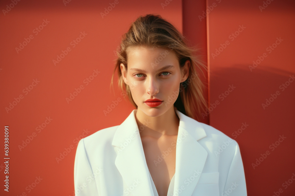 woman/model in a colorful daylight clean/natural beauty commercial portrait long hair and a thoughtful expression in a fashion/beauty editorial magazine style film photography look - generative ai art woman/model in a colorful daylight clean/natural beauty commercial portrait long hair and a thoughtful expression in a fashion/beauty editorial magazine style film photography look - generative ai art