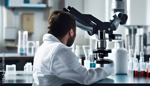 A scientist investing different substances under a microscope in his laboratory