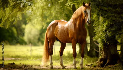 Beautiful horse on the background of nature. Brown horse in the forest. A horse with a beautiful long mane. Welsh ponies. Generative AI. 