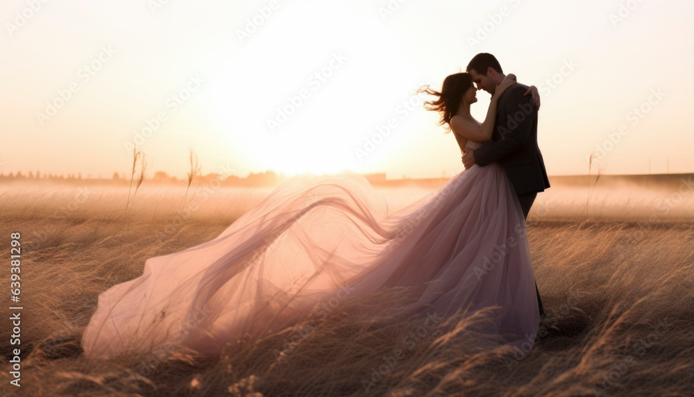 Newly wed bride and groom posing on a rural field in the sunset. Generative AI illustrations - obrazy, fototapety, plakaty 