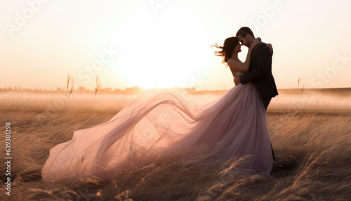 Newly wed bride and groom posing on a rural field in the sunset. Generative AI illustrations