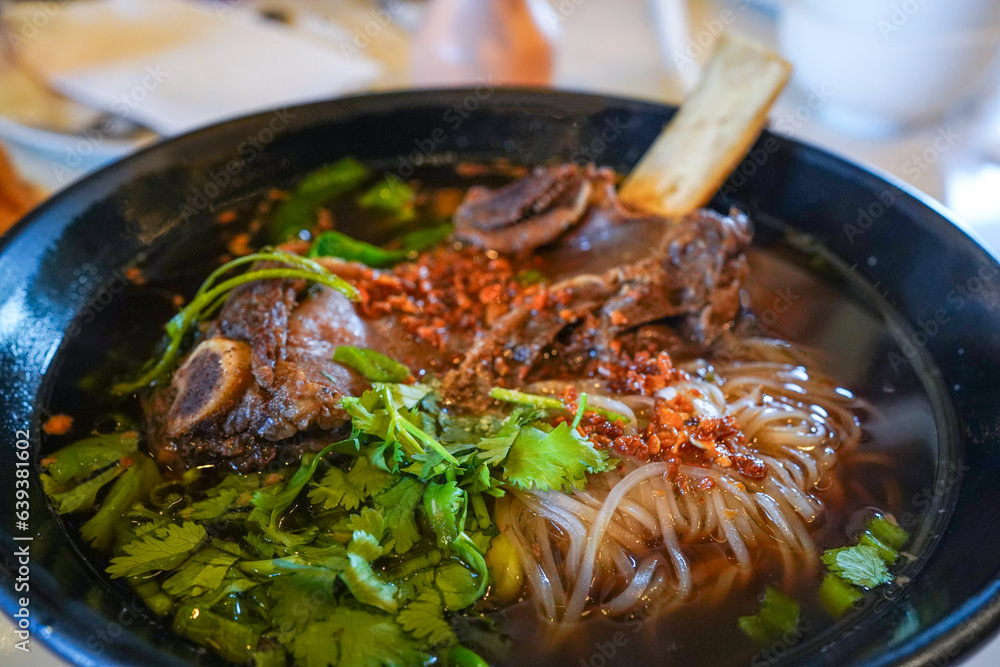 Slow cooked beef short rib with egg noodles, bone marrow broth, Chinese ...