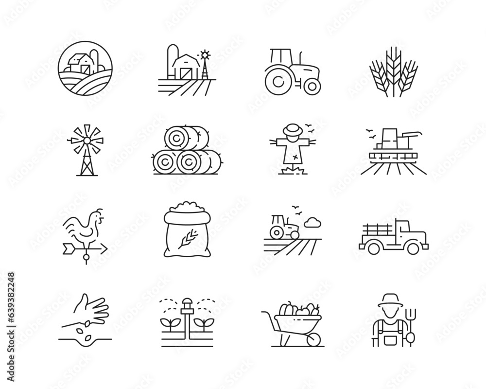 Farming and Agriculture Icon collection containing 16 editable stroke icons. Perfect for logos, stats and infographics. Edit the thickness of the line in any vector capable app.
