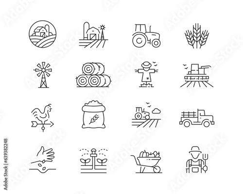 Farming and Agriculture Icon collection containing 16 editable stroke icons. Perfect for logos, stats and infographics. Edit the thickness of the line in any vector capable app.