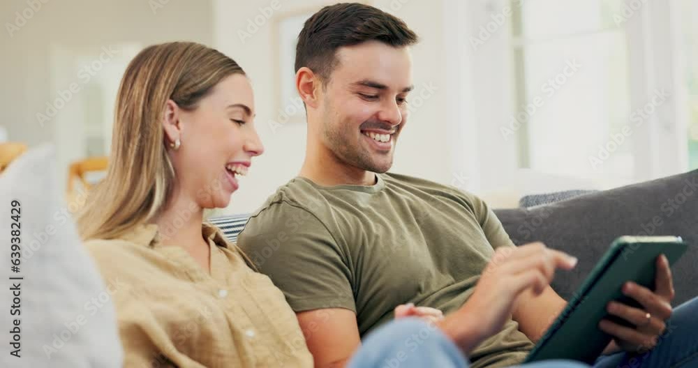 Tablet, couple and relax on sofa in home living room for chat, movies and streaming internet show. Happy man, woman and scroll on digital technology, social media or download meme on subscription app Tablet, couple and relax on sofa in home living room for chat, movies and streaming internet show. Happy man, woman and scroll on digital technology, social media or download meme on subscription app