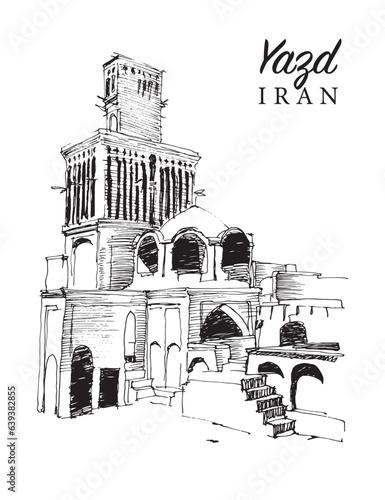 Vector hand drawn sketch illustration of Yazd city in Iran