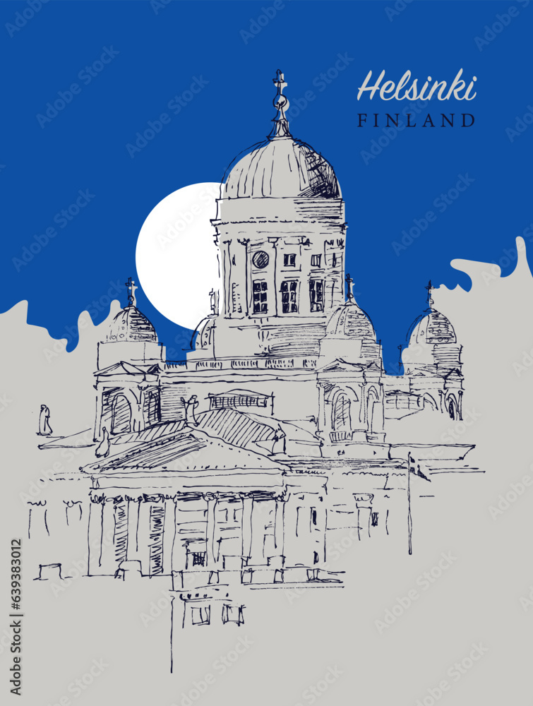 Drawing sketch illustration of the Helsinki Cathedral, Finland