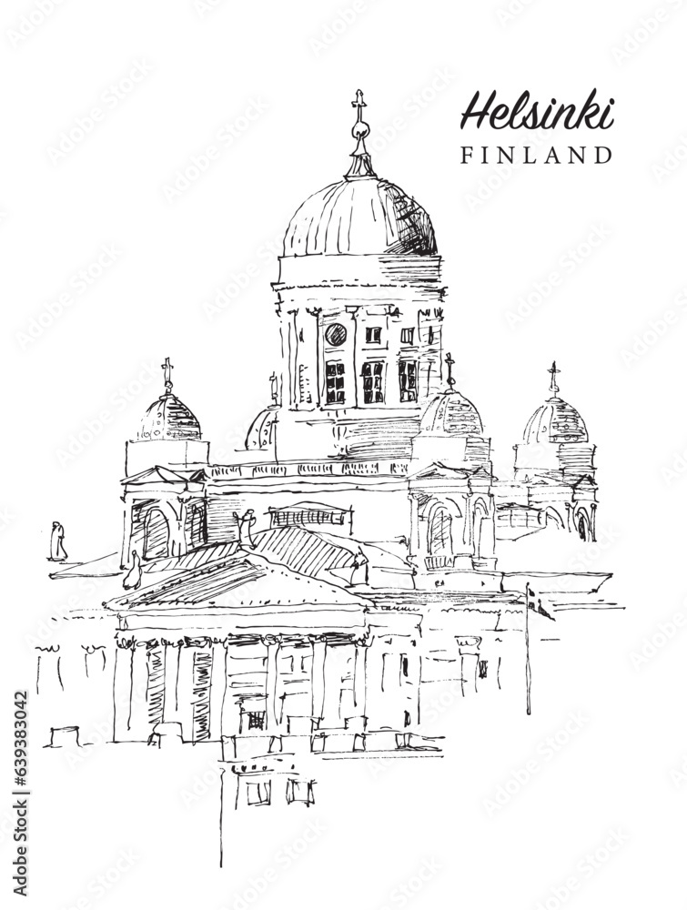 Drawing sketch illustration of the Helsinki Cathedral, Finland