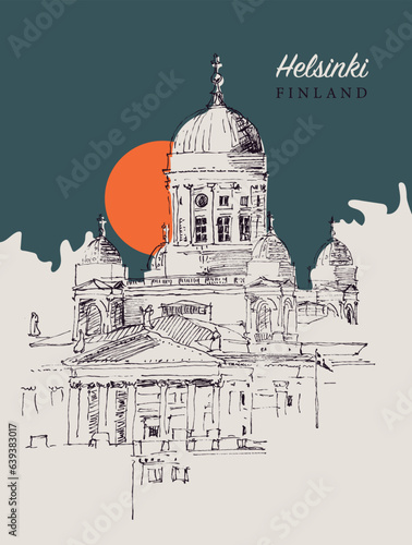 Drawing sketch illustration of the Helsinki Cathedral, Finland