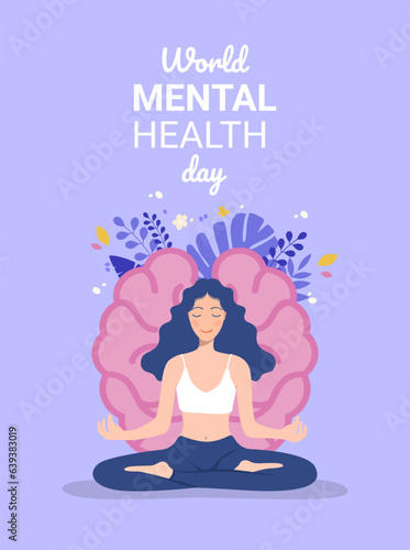 Mental health concept. girl meditates in the lotus position on the background of the human brain. world health day