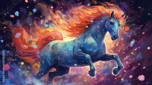 Whimsical and creative painting of a horse in the wilderness