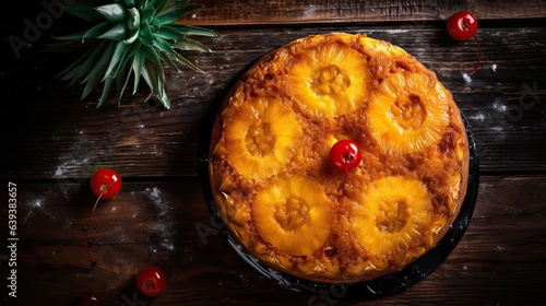Pineapple upside down cake on a wooden table, top-down view photo