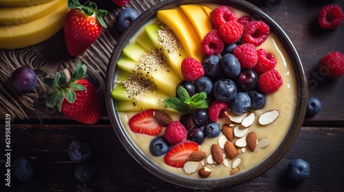 Smoothie bowl topped with colorful assortment of fruit and nuts, top view