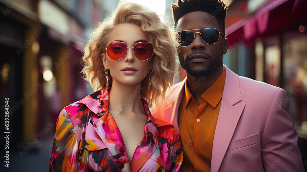 Elegant fashionable couple wearing sunglasses on the street. Clothing style. 