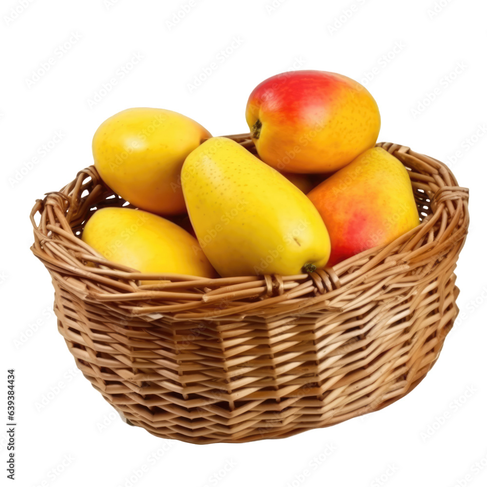 Illustration of wicker basket full of fresh ripe mango fruits isolated on transparent background. Organic and healthy food. PNG clip art element. Illustration of wicker basket full of fresh ripe mango fruits isolated on transparent background. Organic and healthy food. PNG clip art element.