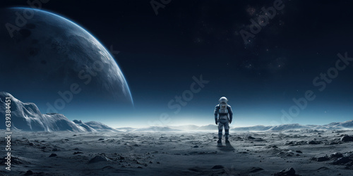 Astronaut stay on the Moon surface against Earth on the background. Generative AI