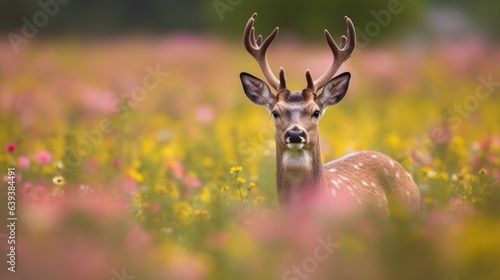 Beautiful deer stag with big antlers on a meadow full of wild flowers. Sketchbook horizontal cover template. Outdoor nature background.