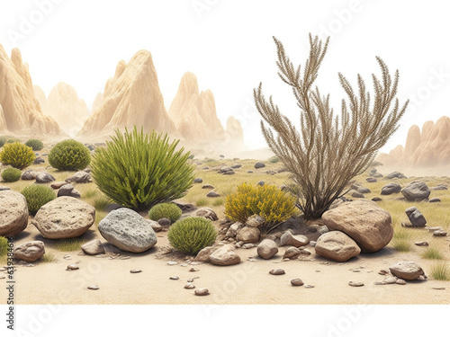 desert scene cutout, dry plants with rocks isolated on transparent background banner