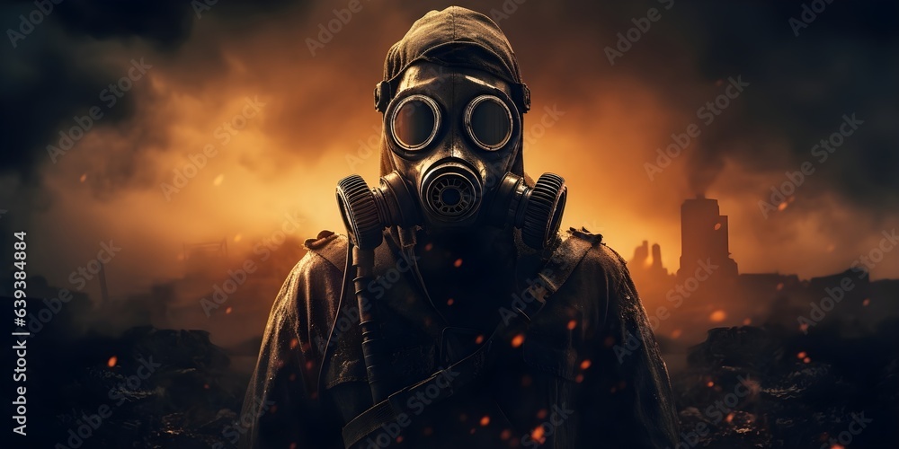 A Post-Apocalyptic Person in a Gas Mask and a Brown Coat in a destroyed cityscape Generative AI A Post-Apocalyptic Person in a Gas Mask and a Brown Coat in a destroyed cityscape Generative AI