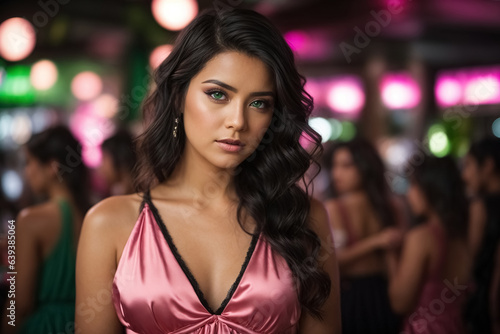 Female black haired model with green eyes and pink dress stands in a nightclub
